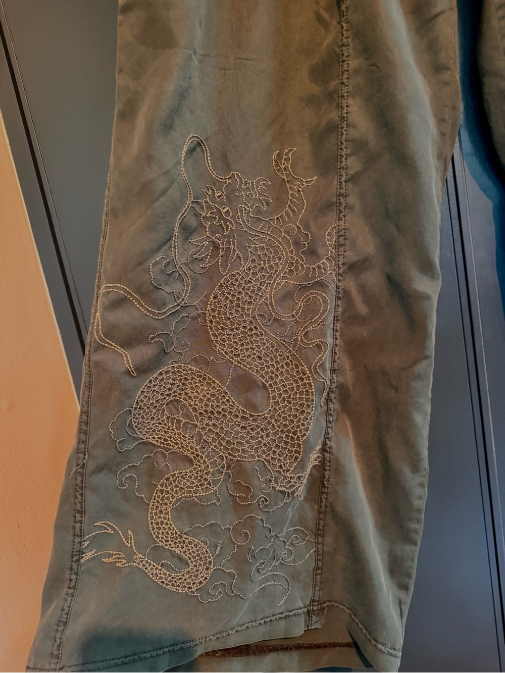 Wide-Leg Dragon Embroidered XCVI Pants - Teal/Olive Green - Picture 5 of 8